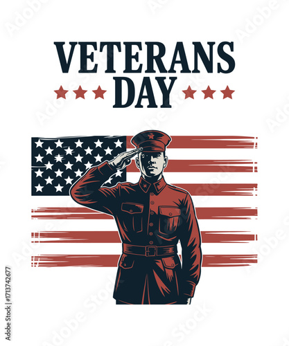 Soldier saluting before American flag text Veterans Day