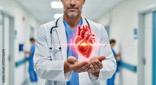 A doctor in a hospital hallway holds a glowing, anatomical heart in his hands, symbolizing cardiac care and medical expertise.
