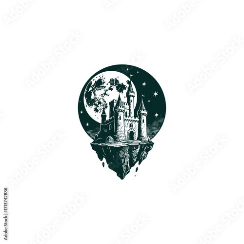 engraving logo or illustration featuring a grand medieval castle standing firmly on a floating rocky island under a dramatic full moon and starry night sky