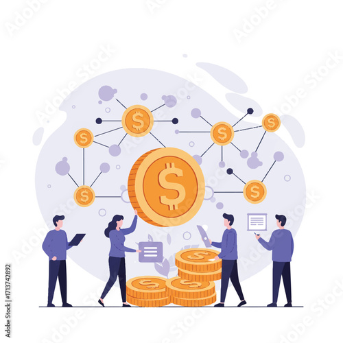 A group of people interacting around a large floating cryptocurrency coin with interconnected blockchain nodes in the background, presented as a clean 2D flat vector illustration.