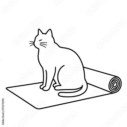 Cat sitting on rolled mat in simple line art illustration  