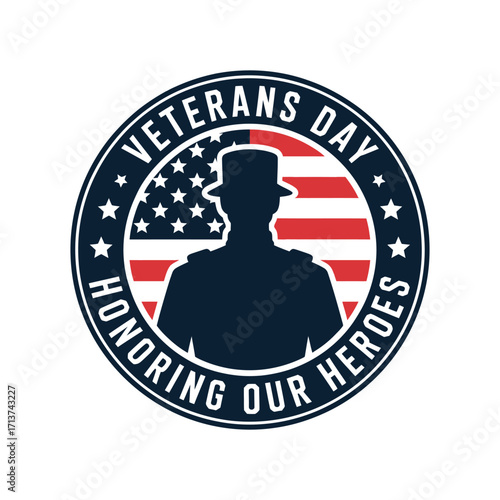 Veterans Day circular seal with soldier silhouette and U S flag