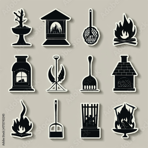 Fireplace equipment vector illustration set with black and white stickers and wood burning element