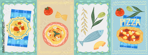 Amalfi set poster with sardines, pasta and pizza. Italian food poster. Kitchen postcard with Italian spaghetti, tomato and olive