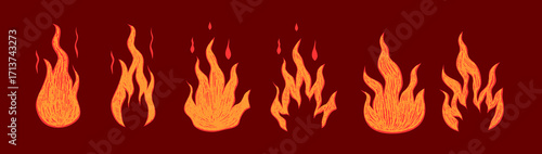 Orange set fire with crayon texture. Scribble flame with texture. Vector illustration