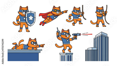 Superhero Cat Illustrations: A dynamic compilation of a cat in superhero poses, wielding various tools and symbols of justice, soaring through cityscapes and standing guard.