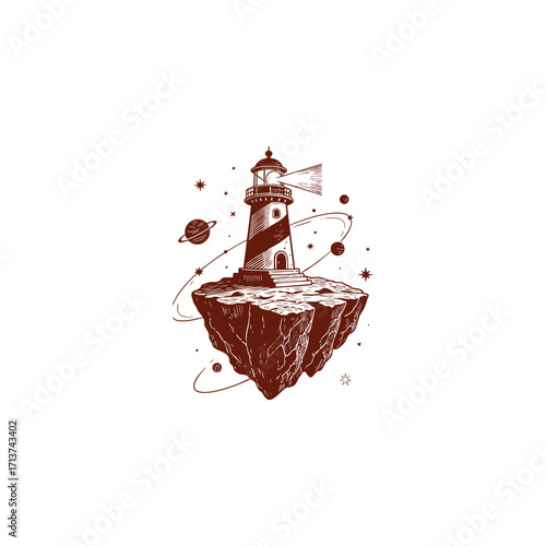 engraving illustration or logo featuring a classic striped lighthouse with a strong beam of light. The lighthouse is situated on a rocky floating island in outer space, surrounded by planets and stars