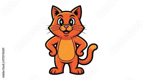 Playful Orange Cat: A vibrant orange cat stands confidently with a cheerful smile, paws on hips. Capturing the cute and charming of this adorable cartoon character