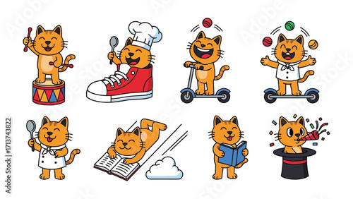 Whimsical Cat Characters in Playful Situations: A collection of charming cat illustrations engaged in diverse activities, from playing drums to juggling, depicted in a lively and colorful style. 