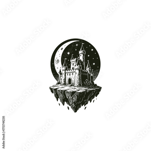 engraving logo or illustration featuring a grand medieval castle standing firmly on a floating rocky island under a dramatic full moon and starry night sky