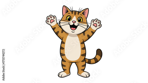 Cheering Cat: A charming, friendly cat with an open mouth stands with its paws raised in the air, inviting smiles and adding a touch of whimsy.