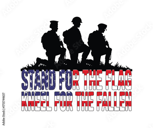 Three soldiers kneeling with American flag text military