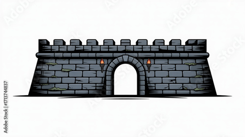 Illustration of medieval castle gate with stone wall and torches vector drawing for graphic design asset