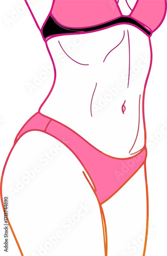A vibrant line art illustration of a womans body in a bikini, isolated on white background, showcasing her toned physique with a minimalist aesthetic