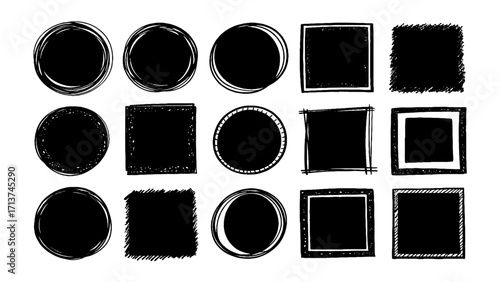 Set of vector Grunge rectangle and circles brush set. Ink pen rectangles squares circles ovals collection. black ink brush strokes.