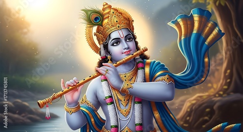 Divine Lord Krishna Playing Flute in Serene Nature Scene with Golden Crown Blue Attire and Bright Aura