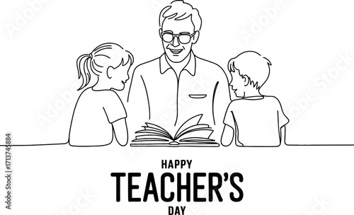 Joyful teacher sharing knowledge with two attentive young students, fostering education and learning.