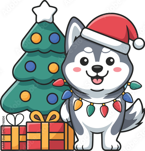 Adorable husky dog wearing a Santa hat and festive lights near a Christmas tree and presents