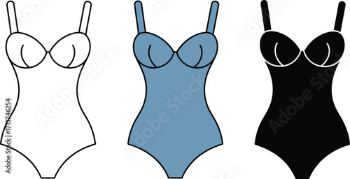 Set of three women's one-piece swimsuits with push-up design, in different colors and outline, vector illustration for fashion and swimwear.