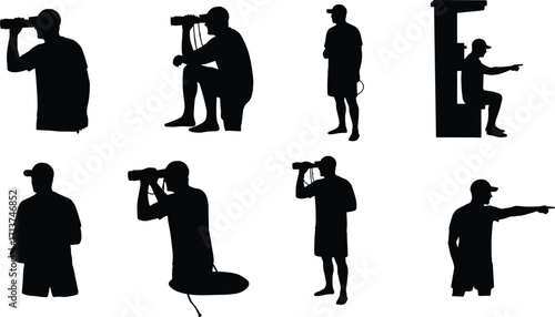 Silhouette lifeguard figures, beach safety observer, rescue team member, lifeguard watching with binoculars, lifeguard tower illustration, summer beach safety concept.