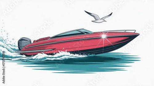 Red speedboat sailing fast on the water with seagull illustration vector graphic design for boating enthusiasts