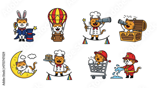  Whimsical Cat Cartoon Characters: A delightful collection of charming cartoon cats, each embarking on unique adventures, evoking joy and imagination in a playful style.