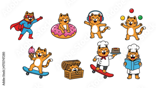 Cartoon Cat Character Collection: A delightful cartoon illustration showcases an array of adorable cat characters, each engaged in playful and imaginative activities.