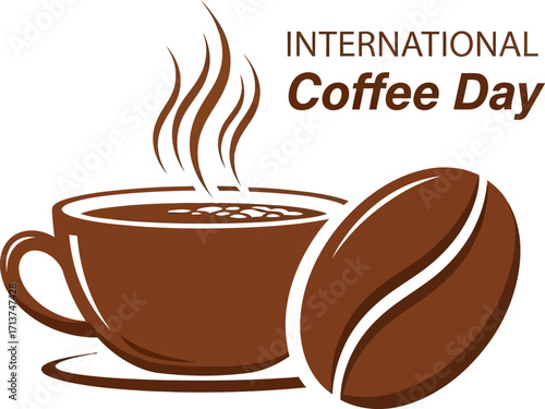 Steaming cup of coffee next to a large coffee bean, celebrating International Coffee Day