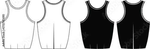 Basic women's round neck tank top vector illustration, front and back views, technical flat sketch for apparel design, in black and white.