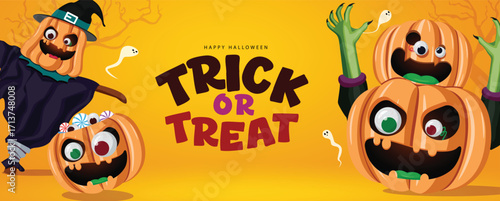 Bright Halloween vector illustration banner with funny pumpkins, witch scarecrow, green monster arms, and playful ghosts. Perfect festive clipart for trick or treat greetings, party templates, and aut