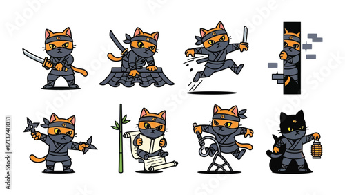 Ninja Cat Collection: A dynamic collection of stylized cartoon ninja cats, each poised in a unique action pose, ready for adventure and stealth. 