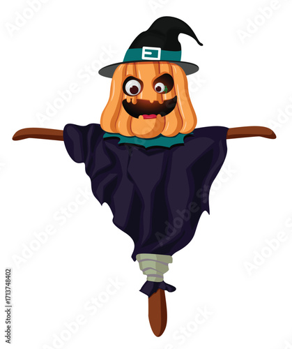Creepy scarecrow with a pumpkin head, glowing eyes and witch hat in a dark cloak. Perfect Halloween clipart for greetings, trick or treat invitations, autumn party posters, and festive designs.