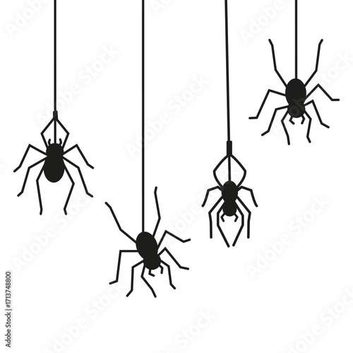 Vector set of spiders descending on a web. Festive Halloween icons.