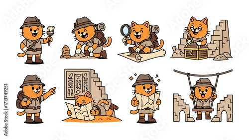 Adventurous Cat's Exploration: A charming collection of illustrated adventures of a curious cat embarking on exciting expeditions, each frame showcasing playful exploration