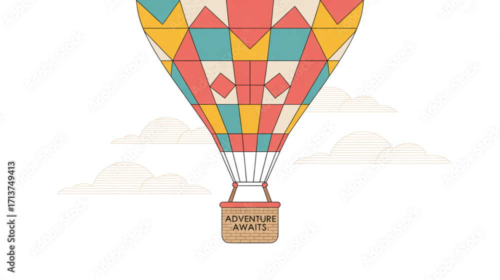 Naklejka premium Hot air balloon adventure awaits illustration with clouds and geometric patterns for travel designs
