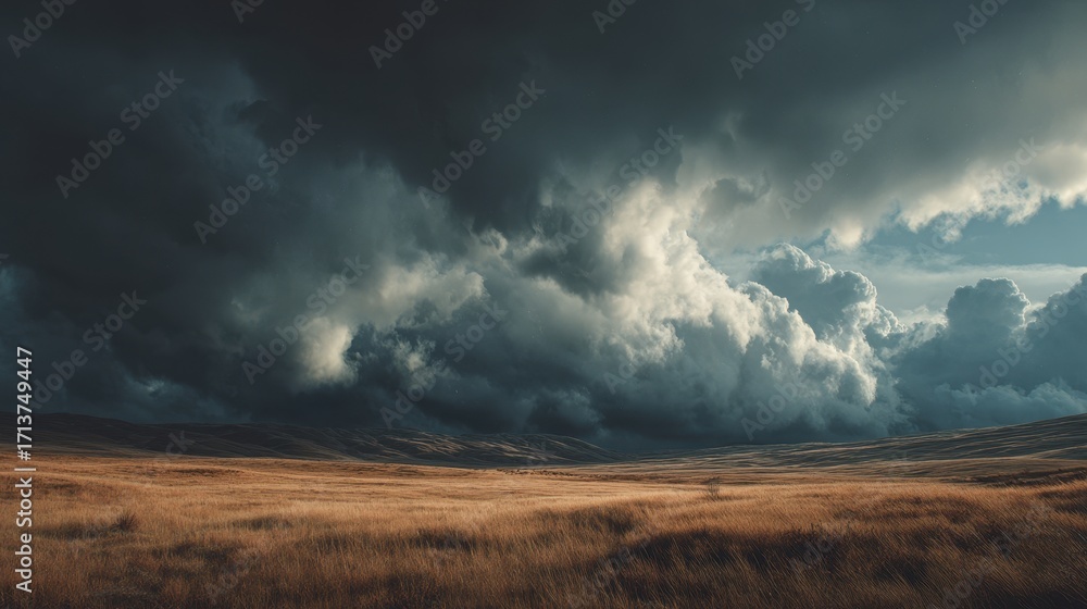 Fototapeta premium Dramatic Storm Clouds Over Golden Plains - A Breathtaking Landscape.