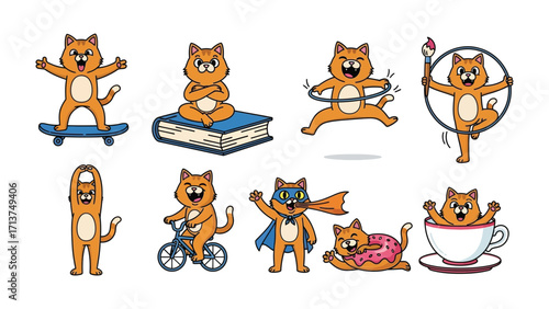 Whimsical Cat Adventure: An amusing collection of animated cats in a variety of delightful scenarios, embracing the spirit of playful activity and whimsical escapades.