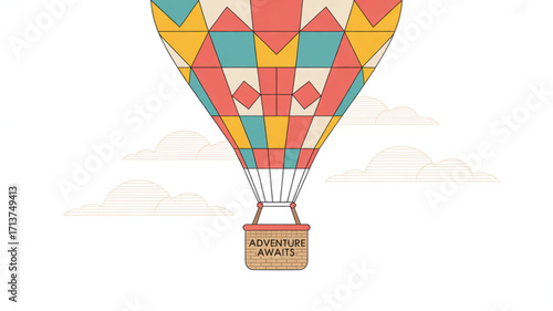 Hot air balloon adventure awaits illustration with clouds and geometric patterns for travel designs