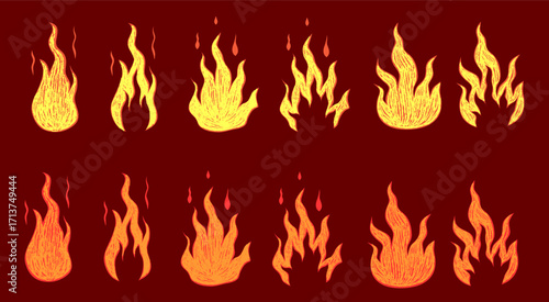 Warm yellow and orange fire set. Set fire with crayon texture. Scribble flame with texture. Vector illustration