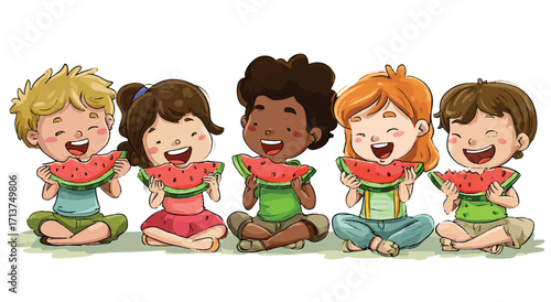 Diverse group of children enjoy eating watermelon sitting together summertime refreshment healthy snack cheerful friendship illustration