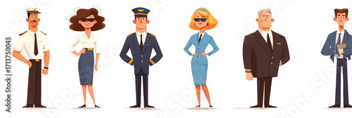 Diverse group of cartoon aviation professionals in uniform standing together cheerfully aviation industry concept