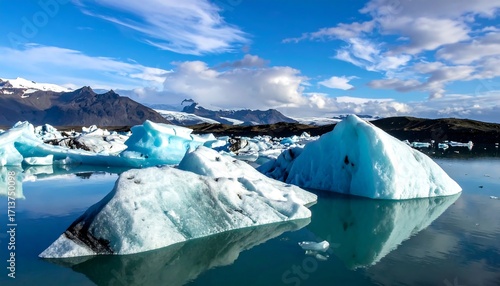 Glacial icebergs in a turquoise lake