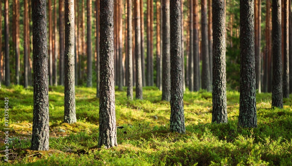 Obraz premium Pine forest, sunlight through trees