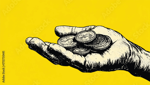 Illustrative hand holding pile of coins on bright yellow background depicting wealth and finances