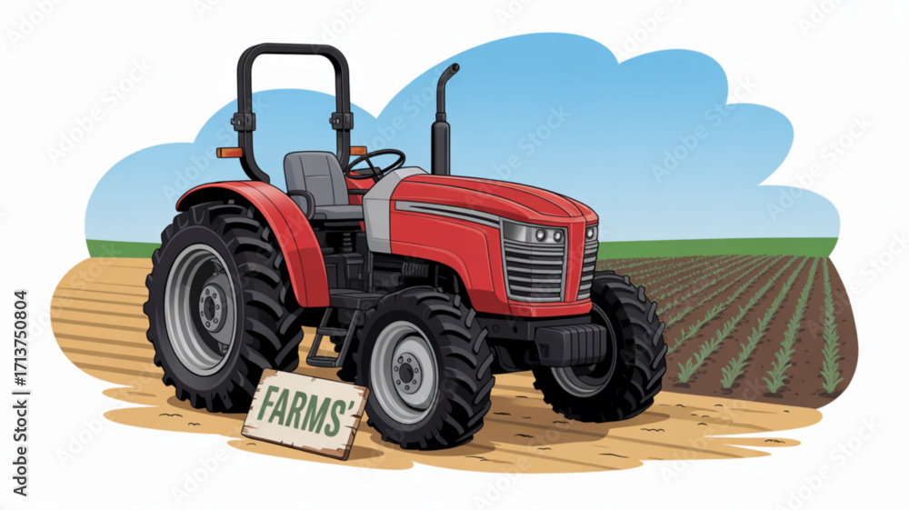 Obraz premium Red tractor on farm agriculture machinery vehicle farming equipment rural countryside cultivating land 100hp