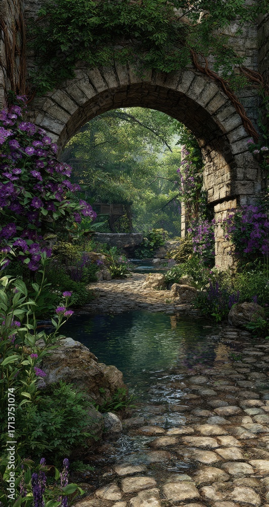 Obraz premium Stone archway leads to a lush, flowing garden path