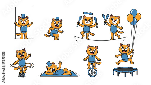 Circus Cat: This captivating illustration brings to life a collection of charming cats, showcasing their incredible talent in a whimsical circus setting, performing an array of tricks. 