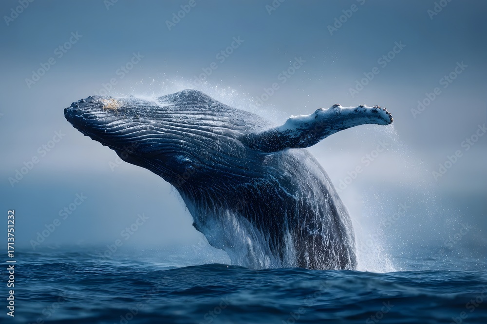 Fototapeta premium Whale breaches in blue ocean under soft light.