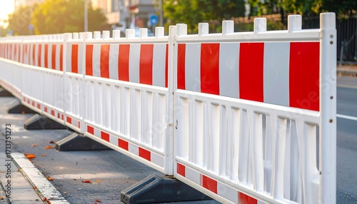 White and red striped temporary construction barrier stands on a city street.
