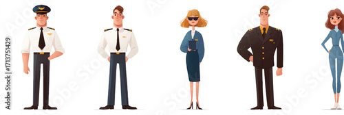 Diversity in Aviation Team Full Body Illustration of Pilots and Staff Members Standing Proudly